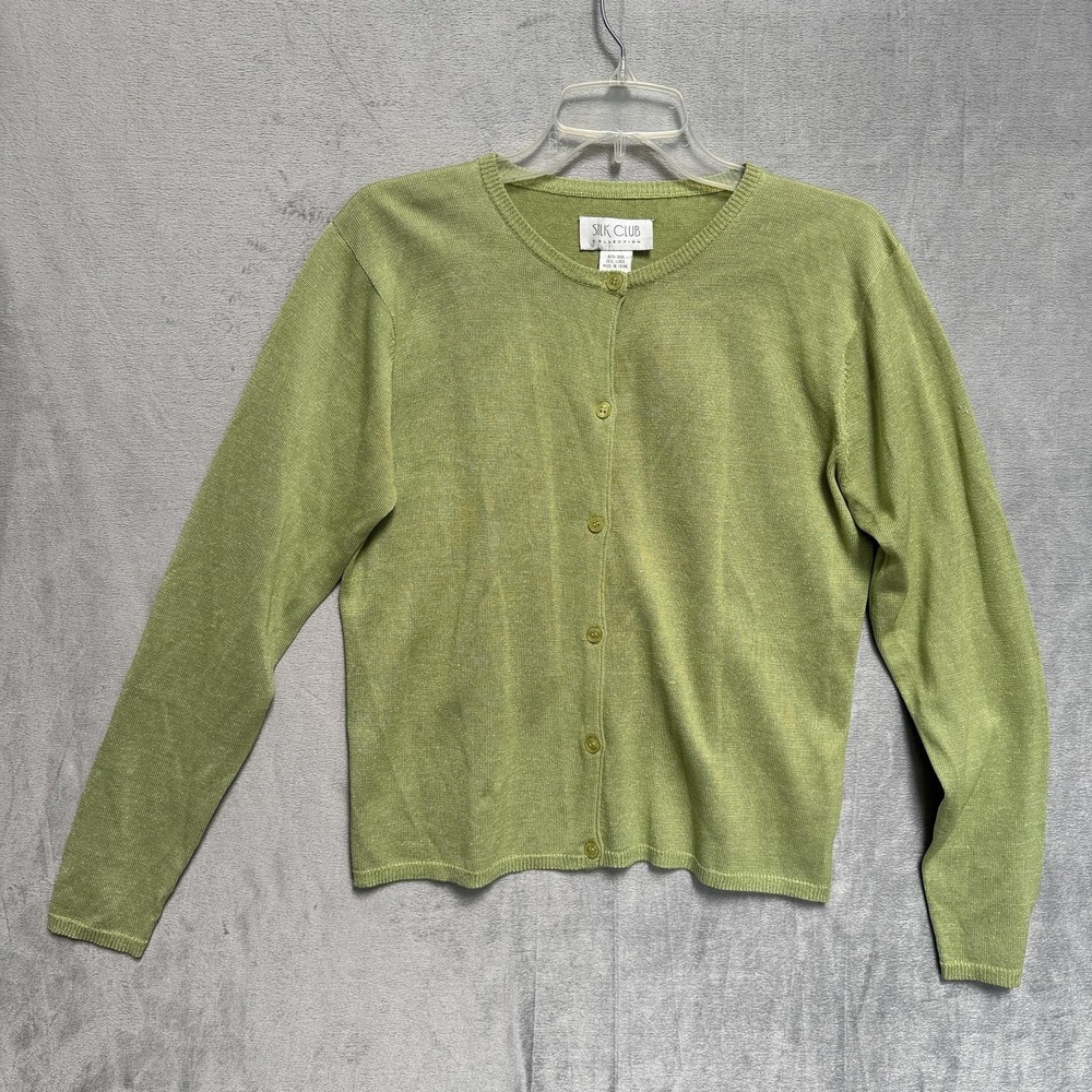 Silk Club Cardigan Sweater Womens Medium Green Crew Neck Silk Lurex Knit
